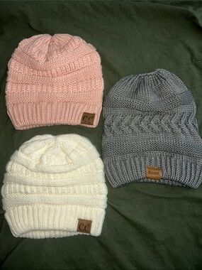 C.C and Knit Beanie Hats - Pink, Cream, Gray